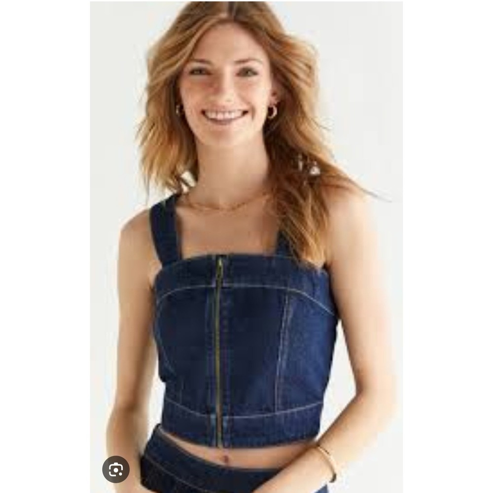 Francesca Harper Heritage Denim Crop Top Blue Jean Square Neck Zip Front L y2k - Picture 2 of 10